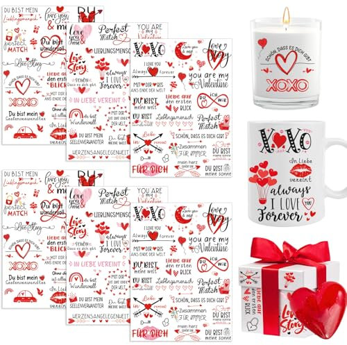 Yomover Valentinstag Rub on Sticker - 6 Stück Valentinstag Deko, Ich Liebe Dich Aufkleber, Valentinstag Kerzentattoos, Transferaufkleber für Möbel Fenster Kerzen Glas Scrapbook Holz DIY Deko
