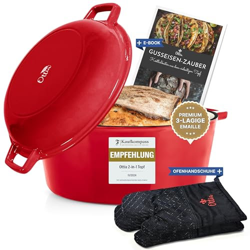 Ottia Gusseisen Topf [inkl. Ofenhandschuhe] - Hochwertiger Emaille Topf 26cm - Idealer gusseiserner Brottopf zum Backen, Gusseisentopf, Brotbacken, Brot, Bräter, Schmortopf, für Induktion