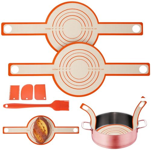 2 PCS Silicone Bread Sling,Bread Baking Mat Set with Long Handles, Reusable Easy Clean Nonstick for Dutch Oven Liners with Hole for Easy to Transfer Sourdough Bread with Scraper and Brush