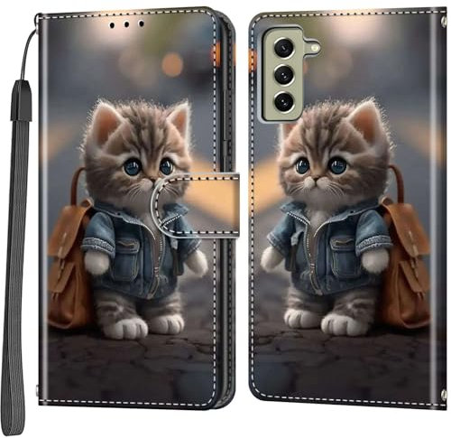Handyhülle für Samsung Galaxy S21 FE Hülle, Magnetische Flip Stoßfeste Schutzhülle mit Standfunktion Kartenfächern Klapphülle Handytasche Katze