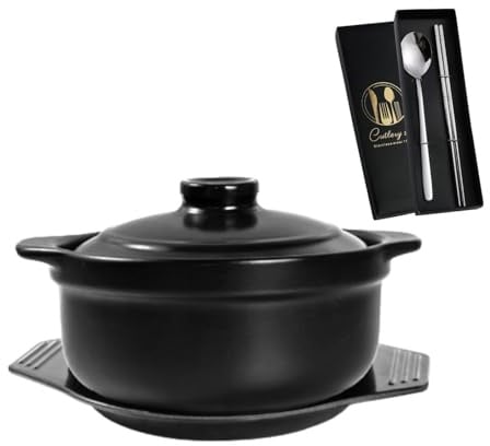 Ciotola in pietra coreana con coperchio e piatto, pentole in ceramica per cucinare pentole calde, riso, dolsot, bibimbap e zuppe, 1200 ml, include set di utensili