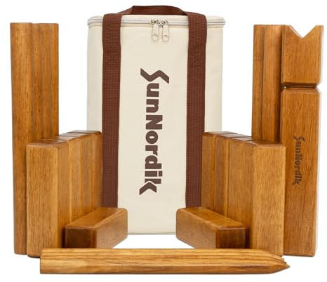 SunNordik Kubb Wikinger Wurfspiel, Schwedisches Schachspiel Aus Hochwertigem Gummibaumholz, Inklusive Tragetasche Aus Segeltuch Und Spielanleitung – Robustes Kubb Yard-Spiel FüR Kinder Und Erwachsene