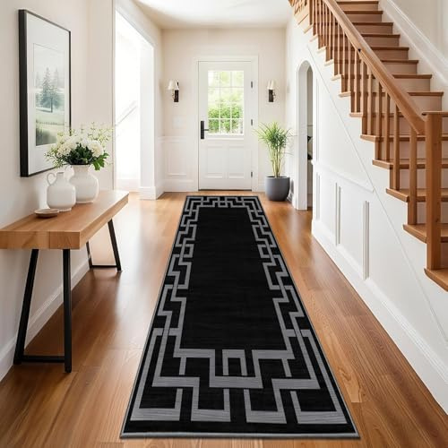 Hafaa Carpet Runners for Living room Black Runner Rugs for Hallway Non-Slip long 80 x 300 cm – Greek Key Style Modern Low Pile Bedroom Carpet (Nico Black)