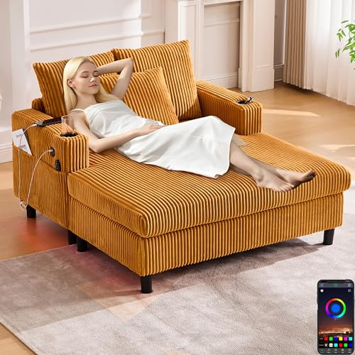 Zepneiy Sofa Chaiselongue mit Schlaffunktion, Polstermöbel Loungesessel mit USB und LED, Wohnzimmer Möbel mit seitlichen Getränkehaltern, Schlafsofa für Wohnzimmer Schlafzimmer Villa, Senfgelb