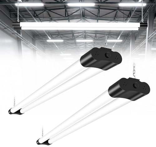 Viugreum 4FT LED Batten Light 2 Packs, Waterproof Plug in Ceiling Lights, Daylight 6500K T8 Strip Light 42W 5000 Lumen Shed Lights, 1.5M Cable with Switch for Garage Loft Workshop Office Warehouse