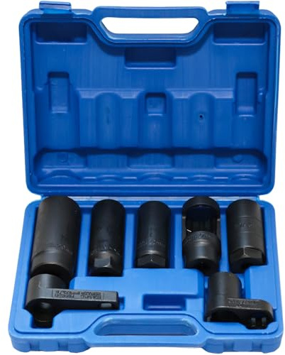 DASBSTE 7tlg Lambdasonde Werkzeug Set 22/27/29mm 1/2 & 3/8 | Lambdasonden Schlüssel Set, CrV Stahl, Seitliche Aussparung, Sauerstoffsensor-Stecknuss, für Demontage Lambdasonde Auto