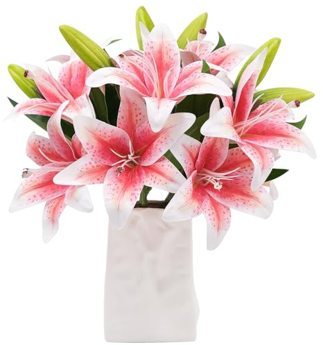 Vidoxdu 5 Bündel Künstliche Lilien, 3D Kunstblumen mit 10 Blütenköpfen und 5 Knospen, 36cm Kurze Stängel Fake Blumen für Zuhause Hochzeit Büro Party Dekoration (Rosa)
