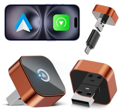 Spedal 2026 Adaptateur sans Fil 2-en-1 CarPlay & Android Auto WiFi 6, Dongle Car Play USB-C/A, Faible Latence, Connexion Automatique, pour Véhicules équipés de CarPlay Filaire d'Origine (Carré orange)