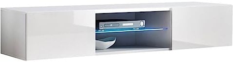 MB Muebles Bonitos, Meuble TV Mural Tibi avec Lumière LED pour Salon Moderne, Suspendu au Mur, 1 Porte 3 Compartiments, Couleur Blanc, 160x30x38.5 cm