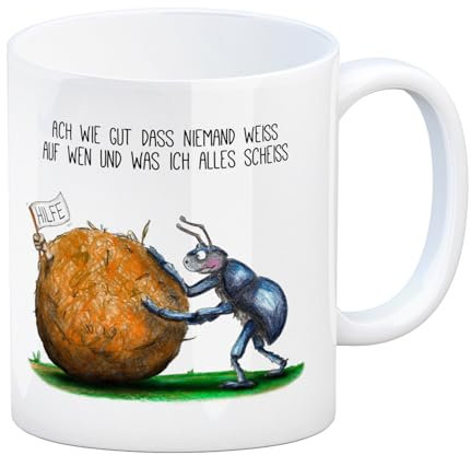 trendaffe Kaffeebecher mit Mistkäfer Motiv und Spruch: Ach wie gut dass niemand weiß auf wen und was ich alles scheiß.
