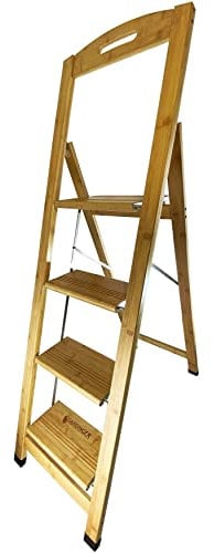 GARDINGER Haushaltsleiter Bambus 4 Stufen Massivholz (Holzleiter Trittleiter Sicherheitsleiter Klapptritt)