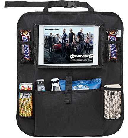 Tech Traders ® Back Seat Car Organiser with 10.1 iPad/Tablet Holder Touch Screen Kids Kick Mat Seat Protector Cover Universal Fit Multi Pockets Children’s Storage - Black