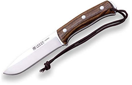 Joker Jagdmesser Nomad CN125-P, 12,7 cm Klinge aus Böhler N695 Stahl, Gürtelmesser mit schwarze Lederscheide, Walnussholzgriff, inkl. Feuerstahl, Werkzeug zum Angeln, Jagen, Camping und Wandern