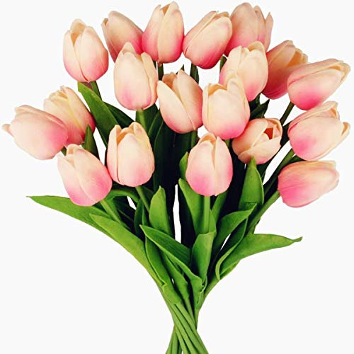 Tifuly 24 Stück Künstliche Tulpen, Realistische Latex-Tulpe mit Weichem PU-Stiel, Elegante Blumendekoration für Brautsträuße, Haus, Party, Büro, DIY Blumenarrangements(Hell-Pink)