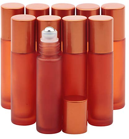 Rowiz 10PCS 10ml Orange Frosted Glass Bottle Leakproof Glass Bottle Essential Oil Roller Bottles Set with Stainless Steel Balls and Anodized Aluminum Screwcap for Perfume & Aromatherapy Oils