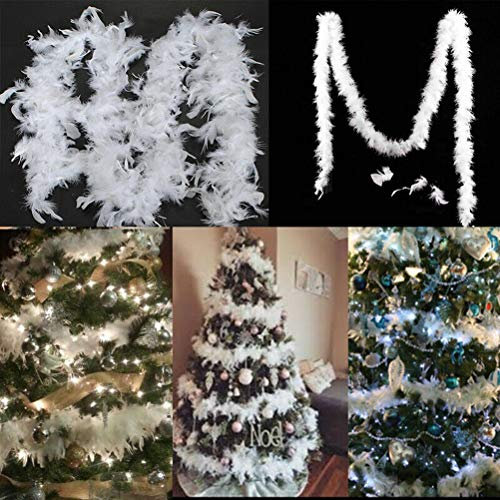 AYily 2 Meter dickes Party-Feder, Weihnachtsfederband, Federgirlande, flauschige Boa, Streifen weiße Federboas für Weihnachtsbaum-Dekoration drinnen oder draußen, Heimdekoration, Urlaubsparty