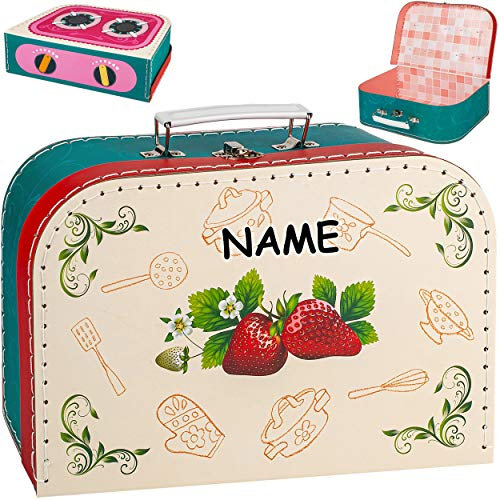 alles-meine.de GmbH Koffer/Kinderkoffer - Motivwahl - GROß - süße Erdbeere & Kochfeld - inkl. Name - 29 cm - ideal für Spielzeug und als Geldgeschenk - Pappkoffer - Puppenkoffe..