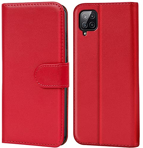 Verco Handyhülle für Samsung Galaxy A12 Hülle, Samsung M12 Bookcase Tasche Flipcover für Samsung A12 Case [Kartenfächer/Aufstellfunktion], Rot