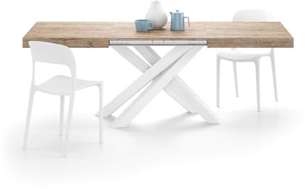 MOBILI FIVER, Ausziehbarer Esstisch Emma 140(220) x90 cm, Eiche mit Weißen gekreuzten Beinen, Made In Italy