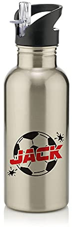Getagift Personalised Back to School, Football/Soccer Ball Fan, Sports Player Kick Off Goal Score Gift for Boy Toddler Birthday Present Stainless Steel 600ml Water Bottle with Straw. (Silver)