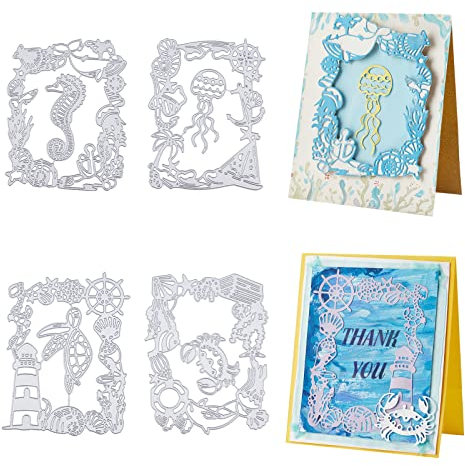 ORIGACH 4 Stück Ozean Element Stanzschablone für Kartenherstellung Schildkröten Quallen Krabben Metall Prägeschablonen für DIY Scrapbooking Fotoalbum
