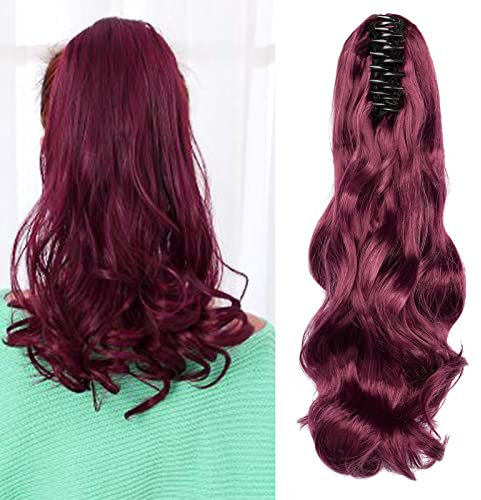 Cybelleza Clip in Ponytail Extensions Zopf Haarteil Claw Pferdeschwanz Haarverlängerung wie Echthaar Gewellt Lockig Kunsthaare Lang Haar Hitzebeständig, Weinrot