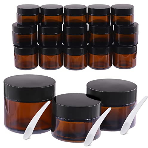 Tanstic 25 piezas de tarros de cristal ámbar con tapa, incluyendo 15 paquetes de tarros redondos de cristal ámbar de 1 oz, 1,7 oz y 2 oz con tapas interiores y 10 cucharas de plástico
