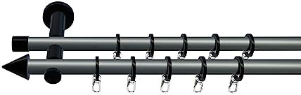 tilldekor Gardinenstange nach Maß, Palma, 2-lauf, Silber-schwarz 20 mm Durchmesser, Wunschmaßlänge 220 cm inkl. Trägern,Endstücken, Ringen und Faltenlegehaken