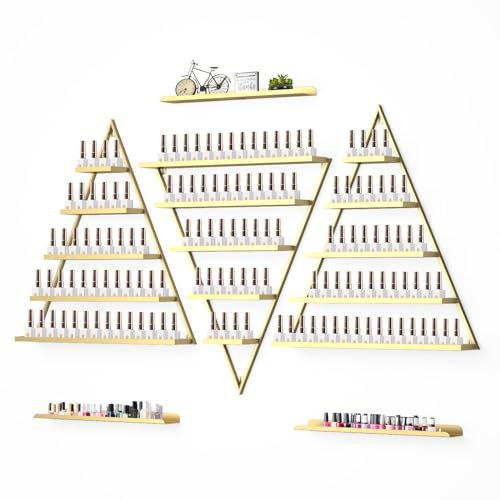 Lorvain Scaffale da parete in metallo per smalto per unghie, 5 ripiani, triangolare, oro, espositore, cosmetici, rossetto, profumo, mensola da parete per oli essenziali, per casa, spa, salone di