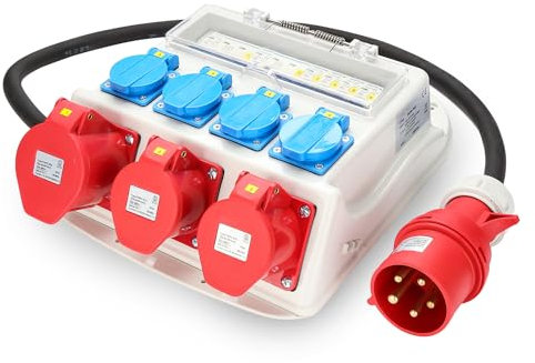 Herrselsam Baustromverteiler 1x CEE 32A + 2xCEE 16A + 4x230V 5 Polig Schuko Steckdosen, Wandverteiler mit Leitungsschutzschalter, IP44 Wasserdicht für Werkstätten, Fabriken