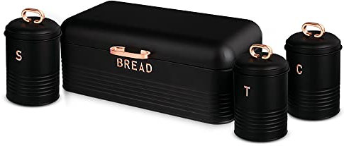 Berlinger Haus Black Rose Tisch-Brotkasten + 3er-Set Küchen-Aufbewahrung, robuster Edelstahl, Aufbewahrungsbehälter für Brot und Backwaren mit Deckel, Schwarz/Roségold