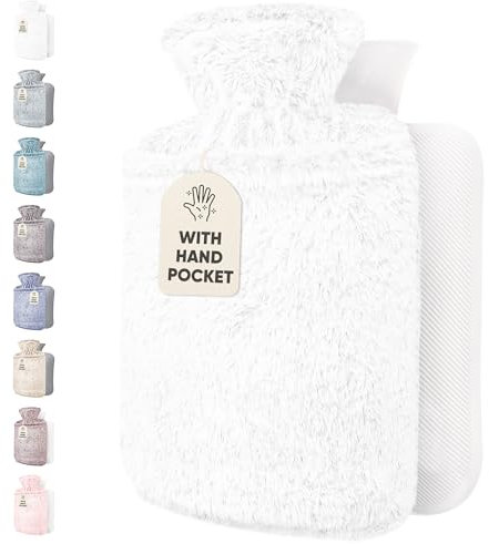 Qomfor Bouillotte avec Housse - Premium Douce et Peluche Housse - Capacité 1,8 L - Bouillotte Eau Chaude pour Soulager la Douleur - Bouillote Antifuite, Douce et Moelleusse (Blanche)