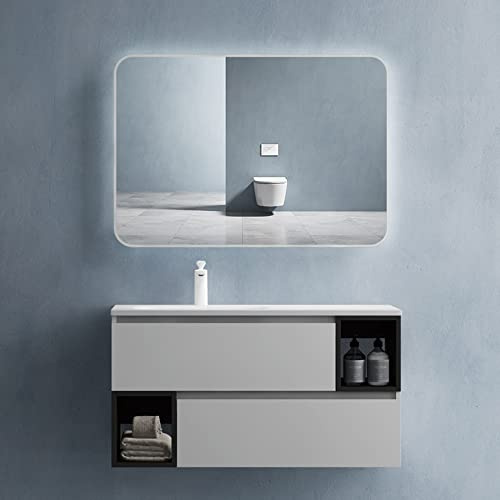 doporro Badmöbel-Set Unterschrank 100cm Waschbecken Wandmontage Khaki-grau | Wandhängendes Badmöbel-Set mit Mineralguss-Waschbecken, LED-Spiegel – modern & pflegeleicht, 100x48x54cm Khaki-grau Gemini