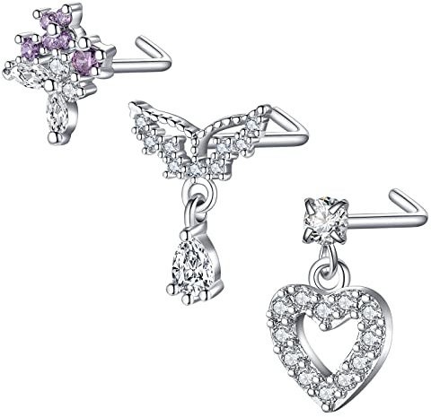 Mayhoop 20G 3Stk L Förmig Nasenring Nasenstecker Chirurgenstahl Nasen Stud Strass Silber Nasenpiercing Schmuck für Frauen Männer