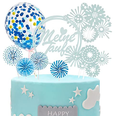 Cake Topper Taufe meine Taufe Torten Topper Tortendeko mit Feuerwerk Konfetti-Luftballons und Papierfächer Dekoration für Kommunion Taufe Junge Mädchen (Blau)