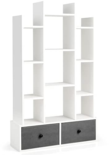 CASART Tree-Shaped Bookshelf, Wooden Bookcase with 1/2 Drawers, 7/12 Cubes & Anti-Tipping Device, Floor Standing Display Shelf for Living Room Bedroom Office (White, 12 Cubes + 2 Drawers)