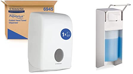 Aquarius Spender für Papierhandtücher 6945 – 1 x Papierhandtuchspender, weiß & Relaxdays Eurospender 500 ml, Seifenspender Wandmontage, Desinfektionsmittelspender, Bügel-Mechanik, weiß, 1 Stück