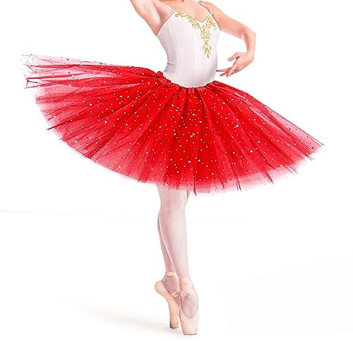 Tüllrock Damen 3 Lagen Tüll Rock mit Pailletten Sternen Rot Adult Teen Tütü Rock Retro 80er Party Halloween Karneval Party Kostüm