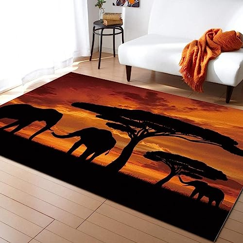 Afrikanischer Tierelefant Teppiche Gegend, Tropische Afrikanische Tierwelt Bei Sonnenuntergang Dekorativer Teppich für Wohnzimmer, Schlafzimmer, Esszimmer Badezimmer Küche Flur Läufer 60 x 120cm