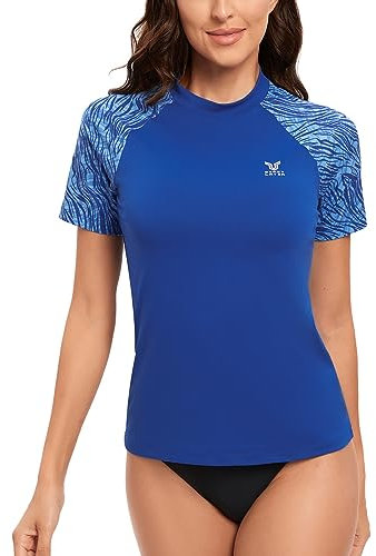 HUGE SPORTS Rashguard à Manche Courte Femme Protection Solaire Séchage Rapide Maillot de Bain pour Natation (Bleu, XL)