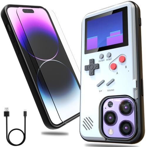 DOCOBOLO Gameboy Phone Case for iPhone 14 Pro with Tempered Glass Phone Screen Protector,Full Color Display 36 Retro Classic Games, Protective Cover Self-Powered (White)