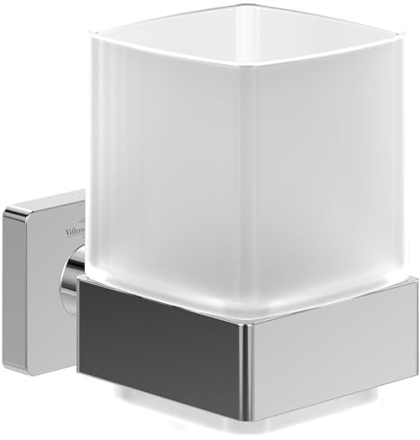 Villeroy & Boch Elements - Striking tumbler holder, toothbrush holder for wall installation, toothbrush tumbler made from satin-finished glass with brass holder, square, Chrome