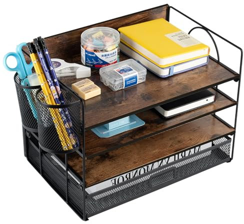 ZNMYDMT 4 Tier Desk Organizers and Accessories, Paper Letter Tray Organizer,Vintage Wood Desk File Organizer with Drawer and 2 Pen Holders for School Home Office Supplies