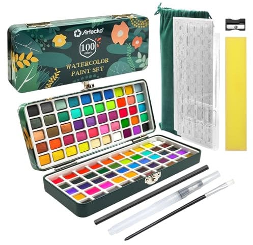 Artecho Peinture Aquarelle Adulte 100 Couleurs en Boîte Portable, avec Pinceau et Papier Aquarelle, Watercolor, pour Artistes et Peintres Amateurs