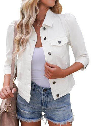 Vetinee White Jean Jacket for Women - Western Denim Shaket with Pockets, Aztec Style, Cream White, X-Large (UK 20-22)