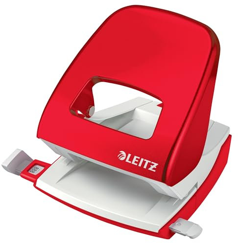 Leitz Büro Locher aus Metall, Für 30 Blatt, Anschlagschiene mit Formatvorgaben, Für Büro, Home Office & Schule, Metallic-Rot, WOW-Serie, 50081026
