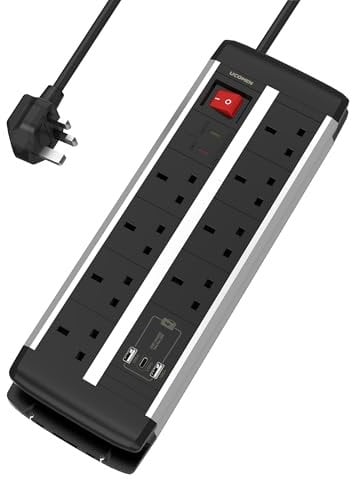 8 Way Extension Lead Surge Protection, Power Strip with 20W Fast Charging USB-A & USB-C, 2M Cord, UK Plug for Home, Office, Dorm, Black