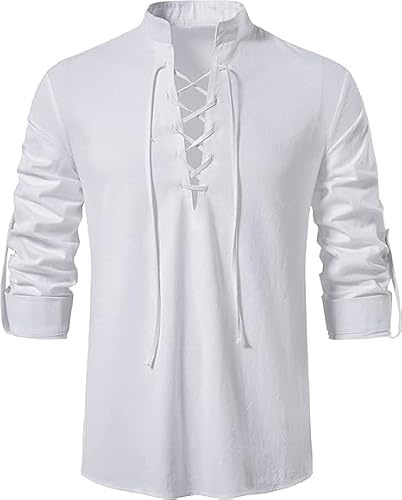 Enlision Mens Linen Shirts Retro Lace up Medieval Costume Shirts Long Sleeve for Halloween Cosplay Viking Pirate Renaissance White L