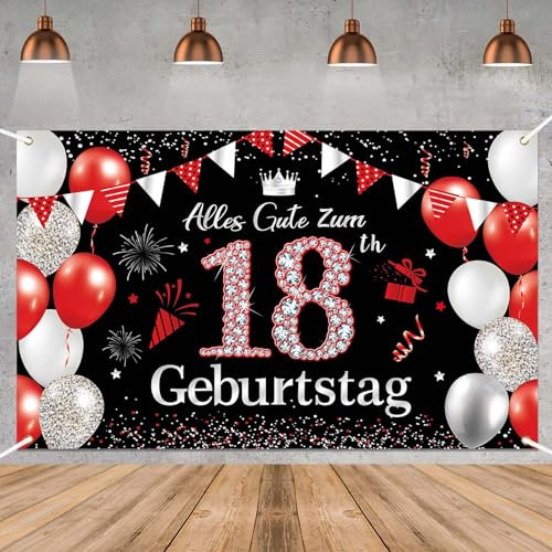 Deko 18. Geburtstag Banner für Mädchen und Jungen - Happy Birthday Party Dekoration in Rot und Schwarz für Frauen und Männer - Lange Größe 180 × 110 cm