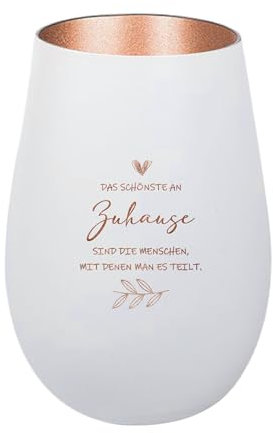 Der-Porzellan-Laden Windlicht mit Gravur Das schönste an Zuhause, Weiß Bronze, Teelichthalter aus Glas mit Spruch, Tischdeko modern